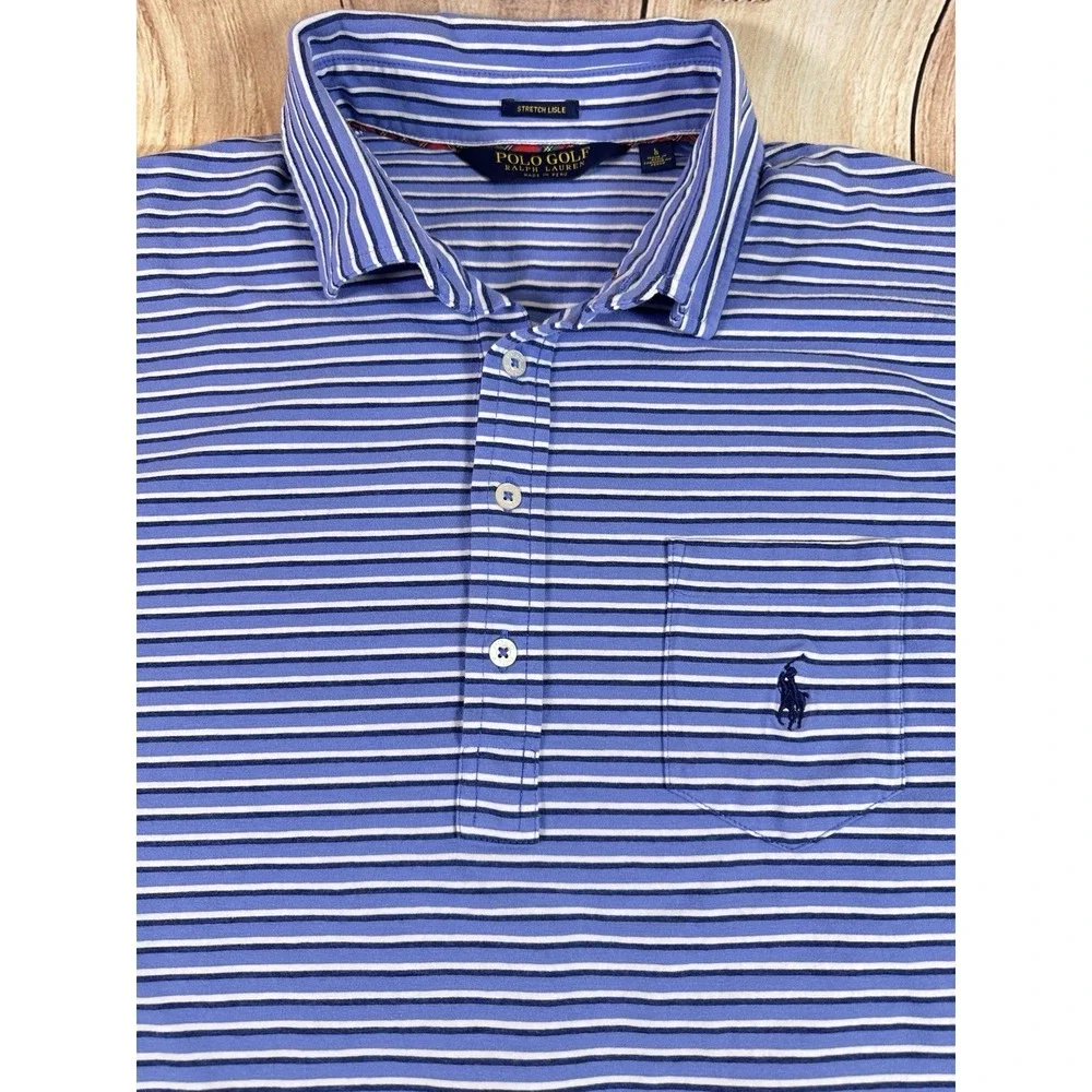Polo Golf Ralph Lauren Polo Shirt Stretch Men Short‎ Sleeve Blue Striped LARGE
